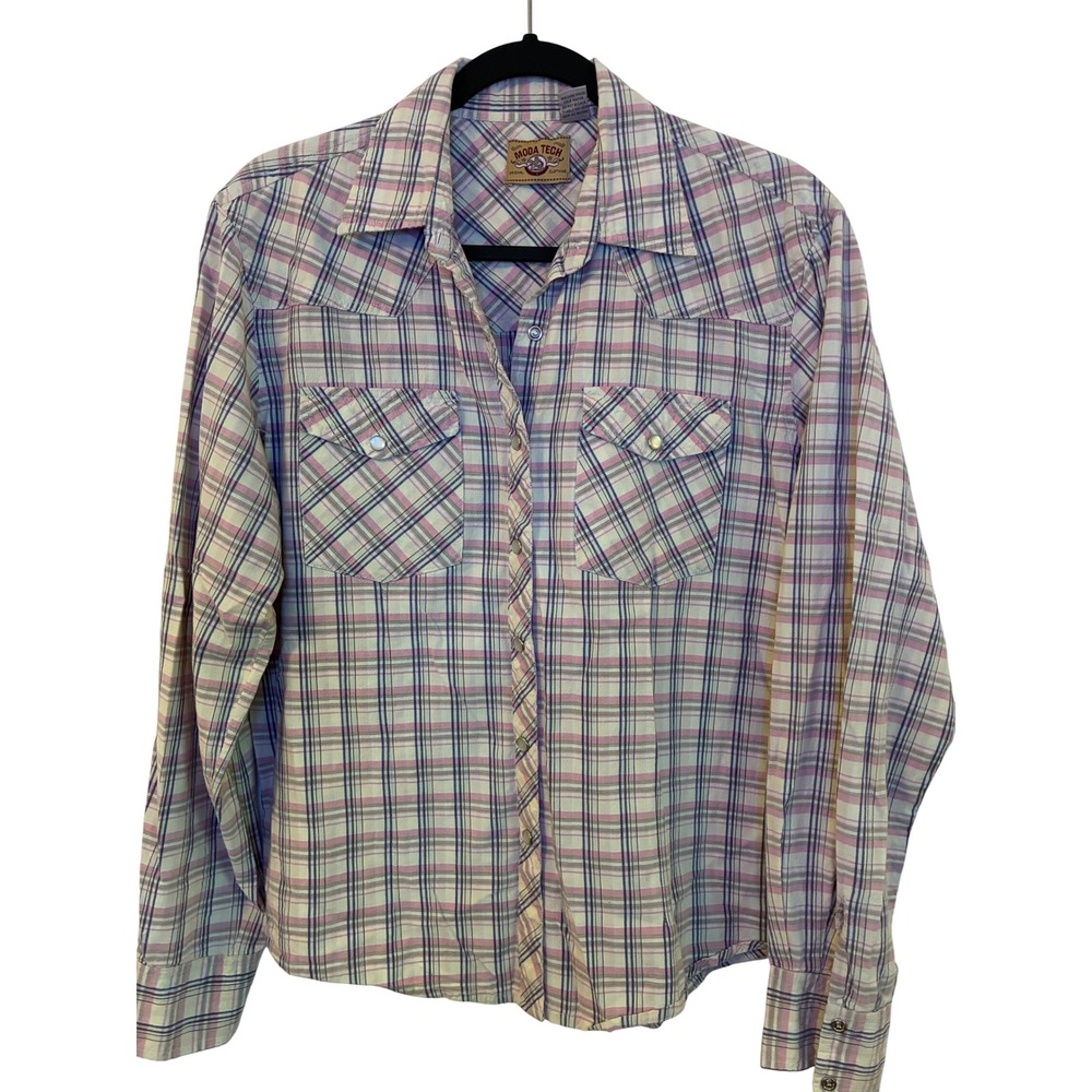 Moda Tech Vintage Western Pearl Snap Shirt Pink Plaid Cotton Long Sleeve XL